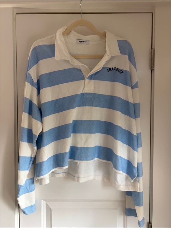Ena Pelly Tops - Ena Pelly Light Blue & White Striped Rugby Polo